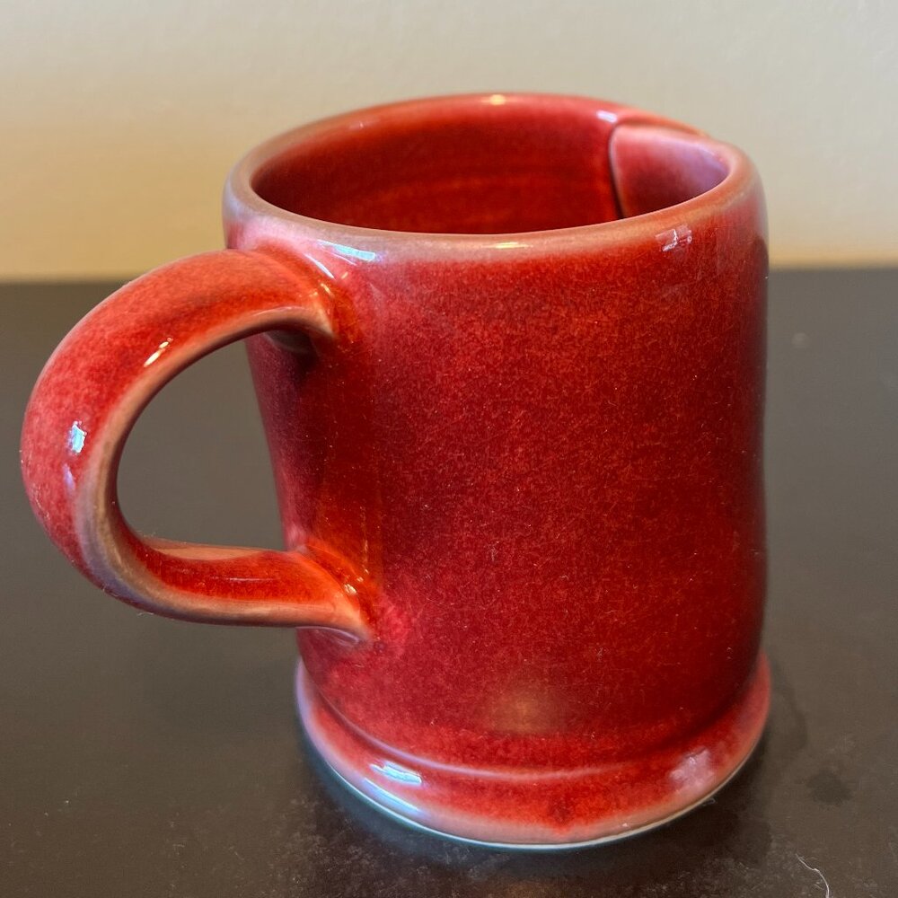 Handcrafted Studio Pottery Coffee Mug Cranberry Red Glaze Folded Overlap Wall